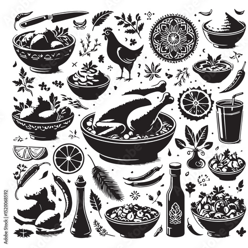 Black Chicken Tikka Masala Silhouette Vector, High Quality Illustration on White Background