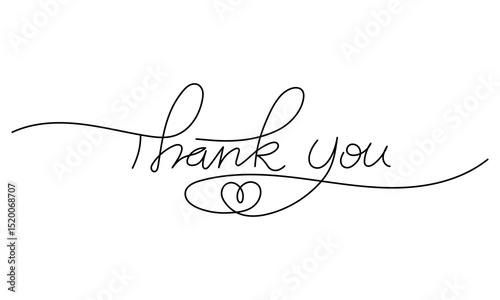 Thank You handwritten text in one line style. Continuous line vector illustration in calligraphy and monoline signature look. Isolated on white background.