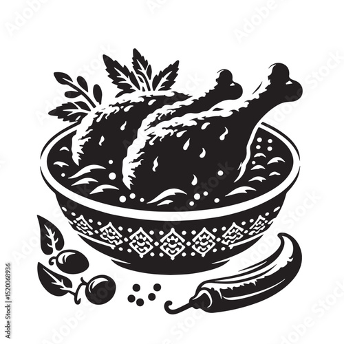 Black Chicken Tikka Masala Silhouette Vector, High Quality Illustration on White Background