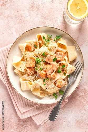 tagliatelli pasta, with salmon slices and herbs, on a decorative plate, homemade, no people