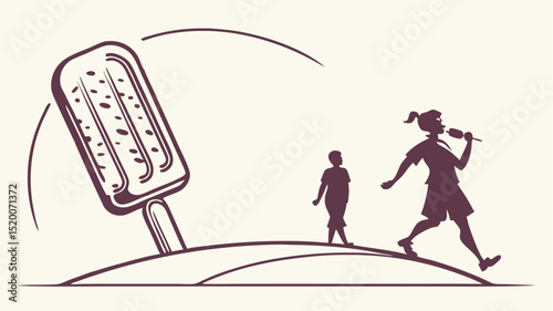 Illustration of giant ice cream popsicle with kids walking on a hill summer vacation concept art