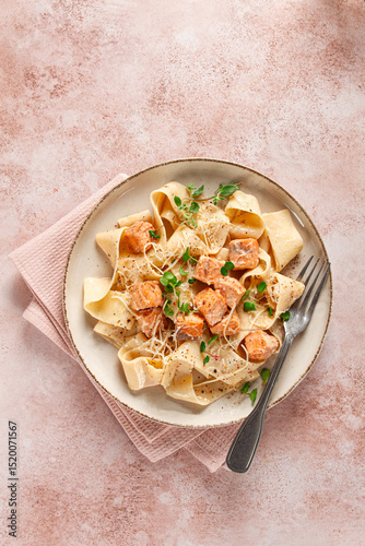 tagliatelli pasta, with salmon slices and herbs, on a decorative plate, homemade, no people