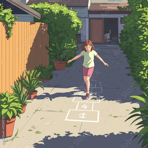 Girl playing hopscotch driveway