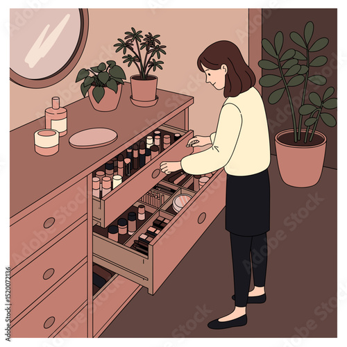 Woman organizing makeup drawer. 