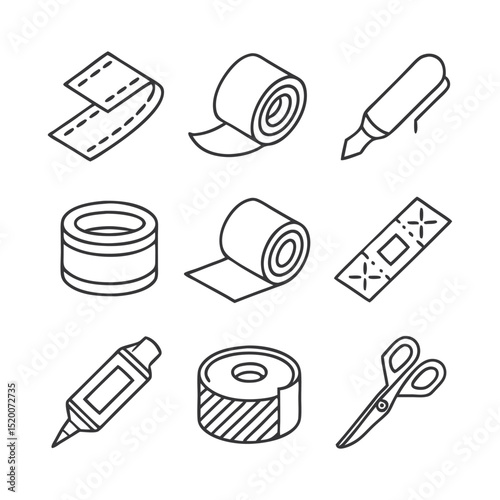 Adhesive and Sticky Material Icon Collection – Line Style Vector Icons of Duct Tape, Gluing Tools, Labels, Rolls, and Sealant Products