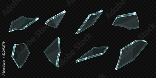 Broken glass shatter pieces, vector realistic mirror or window shard fragment, flying transparent crystal or ice debris