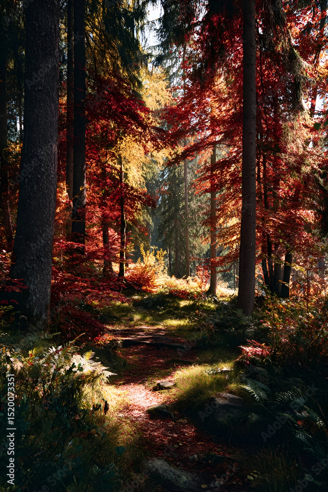 Fototapeta premium A peaceful autumn forest with leaves turning red and gold, the sunlight casting soft patterns on the ground