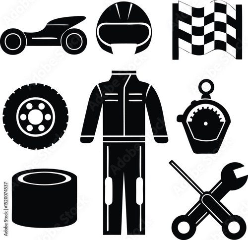 Silhouette vector set of racing icons including formula car, helmet, tire, race suit, checkered flag, stopwatch, and mechanic tools, ideal for motorsport and auto service themes