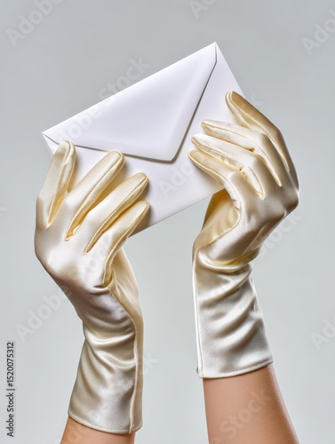 Elegant ivory satin gloves delicately hold a crisp white envelope against a soft white background.  Perfect for invitation, luxury, or elegance concepts.