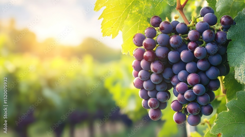 Fototapeta premium Bunch of organic grapes hanging on vine on sunlit vineyard background, copy space