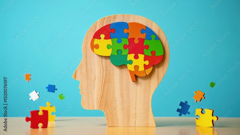 Naklejka premium Wooden head shape brain made of colorful puzzle pieces. Illustration complex thinking process, logical mind. Parts of brain connected. Concept of connecting ideas, problem-solving abilities. Abstract