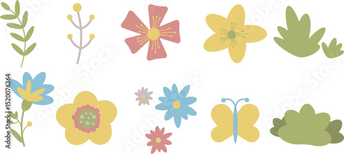 Floral Elements and Butterfly: Delicate floral elements and a cheerful butterfly, perfect for crafting a whimsical design, ready to bring a touch of spring to any project.