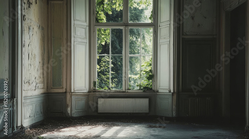 An unoccupied room with white trim on the window and a door directly ahead