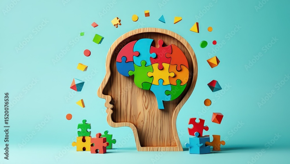 Obraz premium Wooden head shape brain made of colorful puzzle pieces. Illustration complex thinking process, logical mind. Parts of brain connected. Concept of connecting ideas, problem-solving abilities. Abstract