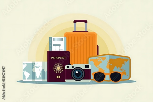 Ready to Explore: A vivid collection of travel essentials, including a passport, camera, map, and luggage, meticulously arranged against a soft, inviting background.