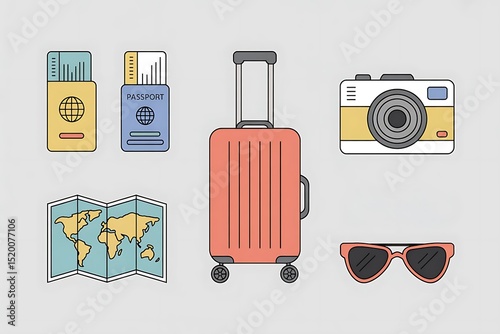 Travel Essentials: A charming flat lay showcasing a travel suitcase alongside essential items like passports, a camera, sunglasses, and a map, ready to embark on a memorable journey.
