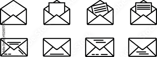 Collection of envelope icons in various including outline and filled formats, representing messaging, postal communication, email, and digital correspondence
