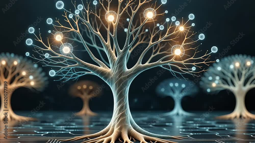AI-driven loop animation inspired by nature, blending machine learning mechanics with organic patterns like flowing neural trees, digital roots, and fluid AI ecosystems