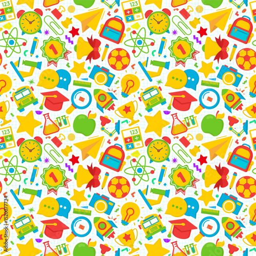 Education and school pattern icons school supplies on checkered background. Vector Illustration