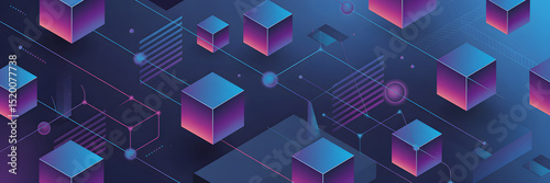 Futuristic 3D Isometric Digital Art with Floating Geometric Cubes and Neon Network Lines in Deep Blue and Purple Gradients