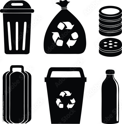 Silhouette Set of Waste Bins, Recycling Containers, Bottles, and Trash Bag Icons Representing Garbage Separation and Environmental Awareness in Black Vector Style