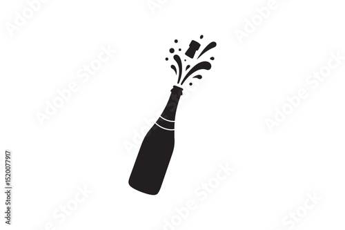Champagne bottle popping silhouette vector art illustration on white background