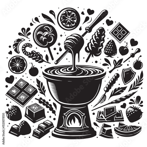 Black Chocolate Fondue Silhouette Vector, High Quality Illustration on White Background