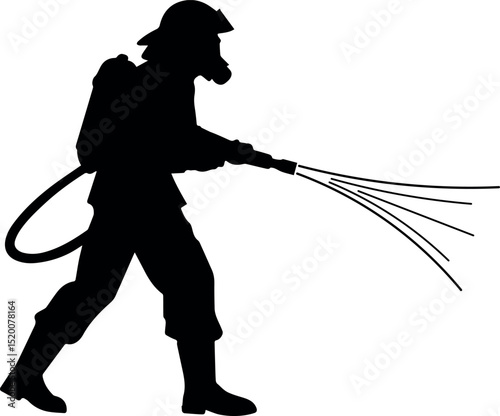 Silhouette of a firefighter spraying water with hose, wearing helmet and protective gear, concept of emergency rescue, fire safety, and firefighting profession