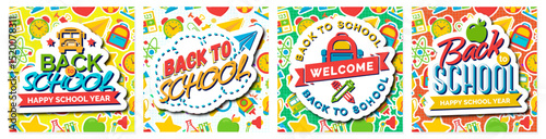 Back to school card collection modern typography on school supplies background cartoon style for poster, post social media. Vector 10 eps