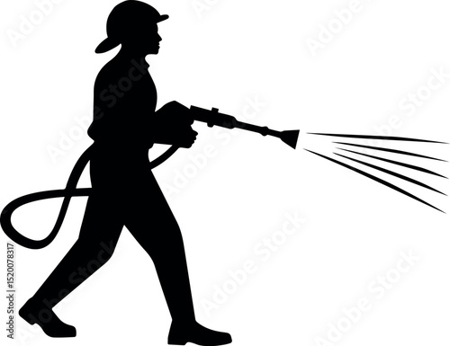 Silhouette of firefighter using high-pressure water hose, dressed in uniform and helmet, concept of fire emergency, safety, protection, and rescue profession