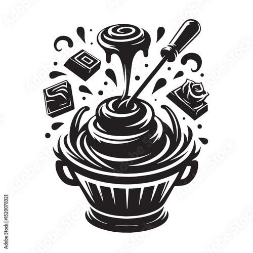 Black Chocolate Fondue Silhouette Vector, High Quality Illustration on White Background