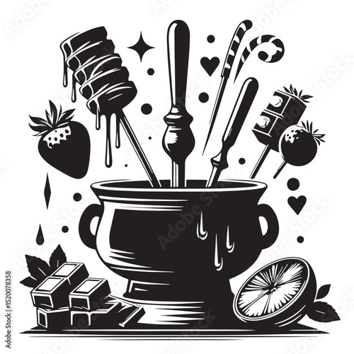 Black Chocolate Fondue Silhouette Vector, High Quality Illustration on White Background