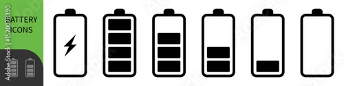 A battery icon with charge levels from full (green) to low (red), with a charging symbol on the first, representing power, energy storage, and readiness for use in electronic devices