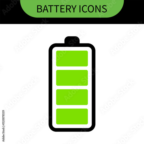 A battery icon with charge levels from full (green) to low (red), with a charging symbol on the first, representing power, energy storage, and readiness for use in electronic devices