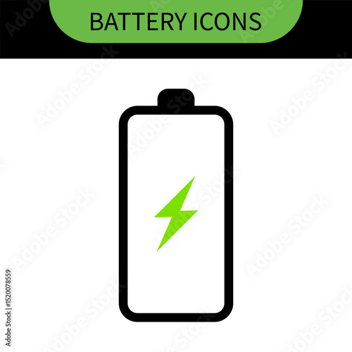 A battery icon with charge levels from full (green) to low (red), with a charging symbol on the first, representing power, energy storage, and readiness for use in electronic devices
