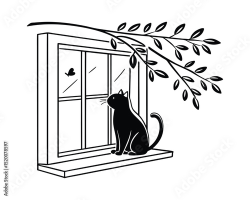 Black Cat Sitting on Windowsill Watching Butterfly