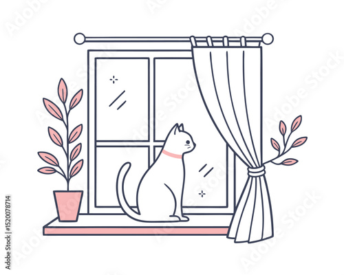 Cute White Cat Sitting on Window Sill with Plants