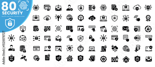 Set of 80 Security web icons in line style. Guard, cyber security, password, smart home, safety, data protection, key, shield, lock, unlock, eye access. Vector illustration. 