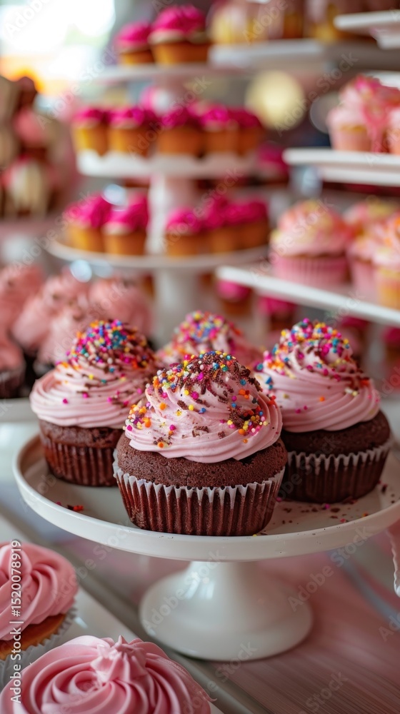Pink and Chocolate Cupcakes Displayed at a Party Pink and Chocolate Cupcakes Displayed at a Party