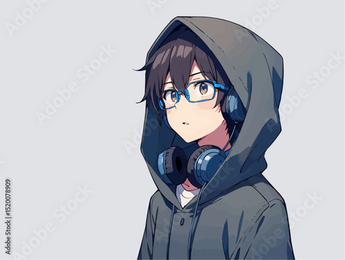  Anime Boy with Glasses and Headphones Calmly Listening against Plain Light Gray Background with Copy Space