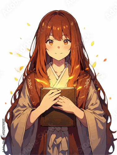 Young Woman with Auburn Hair Mystical Holding Glowing Magical Book against Soft Background