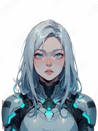 Young Woman with White Hair Serious Futuristic Portrait against Plain White Background with Copy Space
