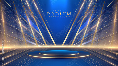 Empty blue stage scene with golden neon light lines. Luxury background design concept. Perfect for awards ceremony, celebrations and grand openings. Vector illustration.