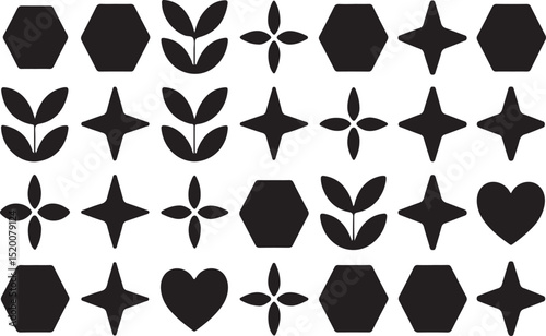 Minimalist black and white geometric pattern featuring shapes like hexagons leaves and hearts