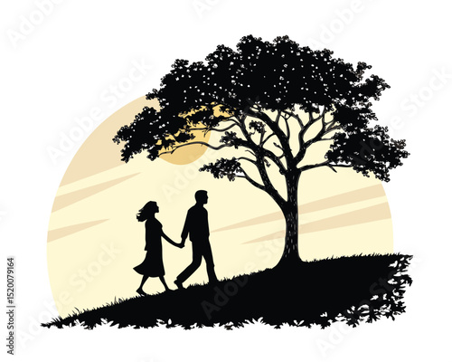 Silhouette Couple Walking Hand in Hand Underneath a Tree