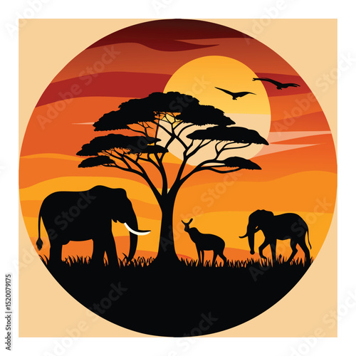 African Wildlife Silhouette Scene at Sunset with Savannah Animals