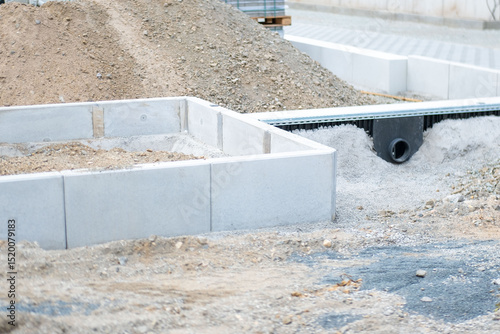 Slika na platnu construction site showing new concrete foundation and drainage installation, Urb