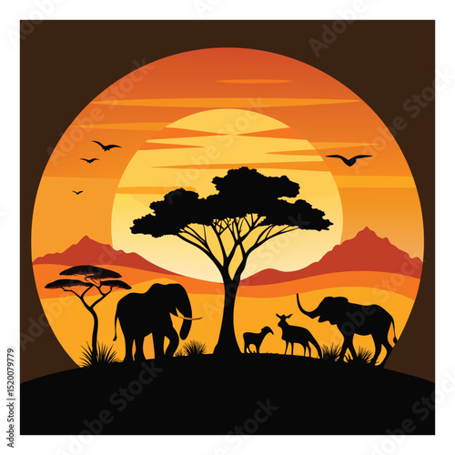 African Wildlife Silhouette Scene at Sunset with Savannah Animals