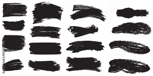Brush strokes vector. Paint, ink brush, brush strokes, brushes, lines, frames, buttons, grungy rough grunge thick paint line texture. Brush line set. Black watercolor splatter, texture, frame. 