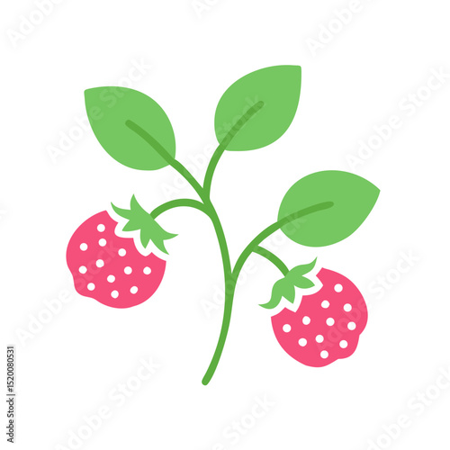 Cute illustration of two strawberries on green leaves  